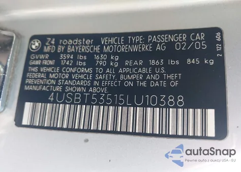 2005 BMW Z4 3.0I z USA, uszkodzony, nr VIN 4USBT53515LU10388